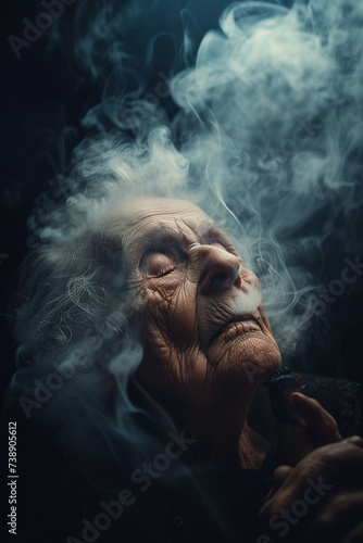 an aged woman smokes a cigarette on a dark background