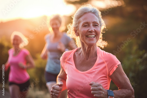 Smiling Women Running Outdoors, Middle-Aged and Energetic 