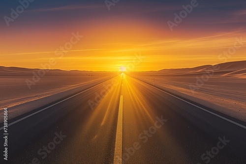 A deserted highway stretching towards a mesmerizing sunset in a barren desert, with the sun setting behind distant sand dunes.  © SardarMuhammad