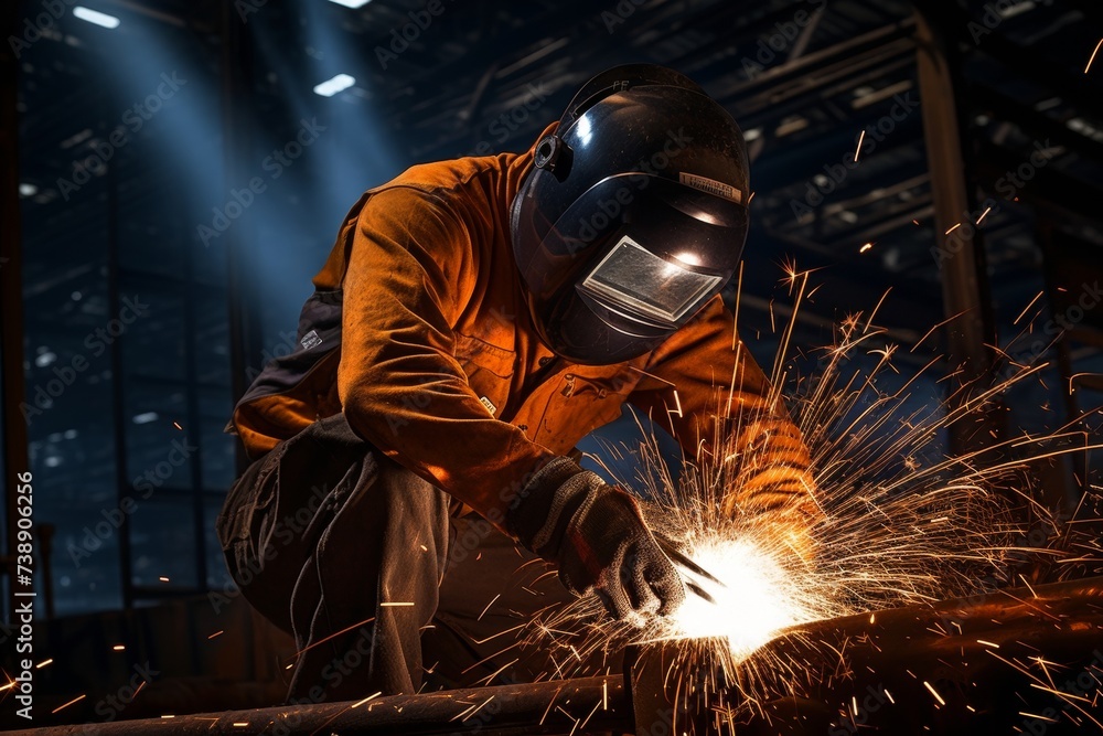 A skilled worker meticulously operates a scarfing torch in an industrial setting, with sparks flying and machinery humming in the background A skilled worker meticulously operates a scarfing torch in an industrial setting, with sparks flying and machinery humming in the background