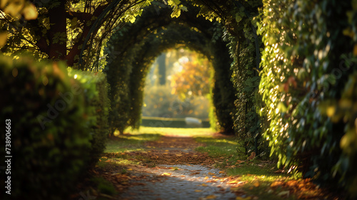 Leafy garden archway with a path leading through, representing tranquility, nature, growth, beauty, and escape.