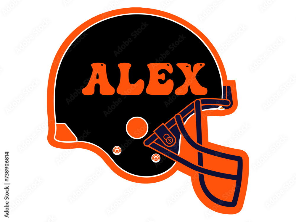 orange and black football helmet with the name Alex written - Vector graphics -ideal for websites, greetings, banners, cards,, t-shirt, sweatshirt, prints, cricut, silhouette, sublimation - obrazy, fototapety, plakaty 
