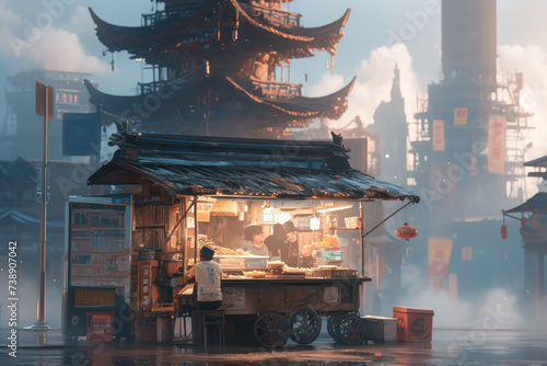 Lonely Street Food Stall Outside Empty Pagoda,fantasy scenery. digital artwork. fantasy illustration