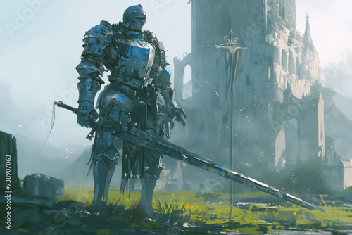 Abandoned Metallic Armored Knight at Crossroads, fantasy scenery. digital artwork. fantasy illustration