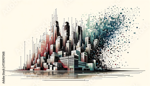 Digital Disintegration: Geometric Urban Renewal in Monochromatic Cityscape