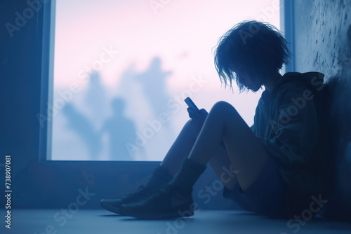 Moody Teen Ignoring Ghost Outside Bunker Basement Window, phone addiction
