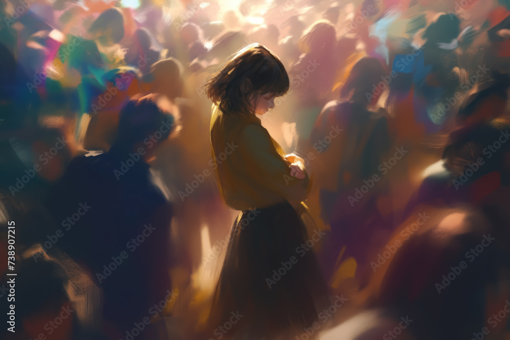Socially Anxious Girl in Crowd of Dancers ,fantasy scenery. digital artwork. fantasy illustration