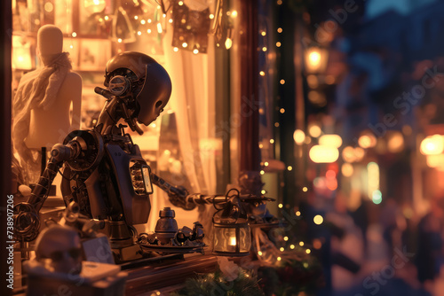 Small Robot Gazing at Antique Store Window ,fantasy scenery. digital artwork. fantasy illustration