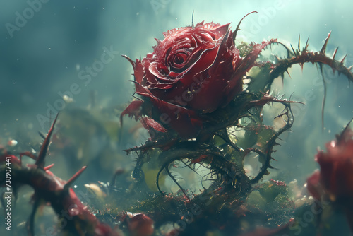 Carnivorous Plants Offering Blood Red Roses, fantasy scenery. digital artwork. fantasy illustration photo