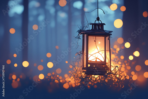 Crooked Trail Lanterns Flickering in Dark Forest ,fantasy scenery. digital artwork. fantasy illustration © Gasi