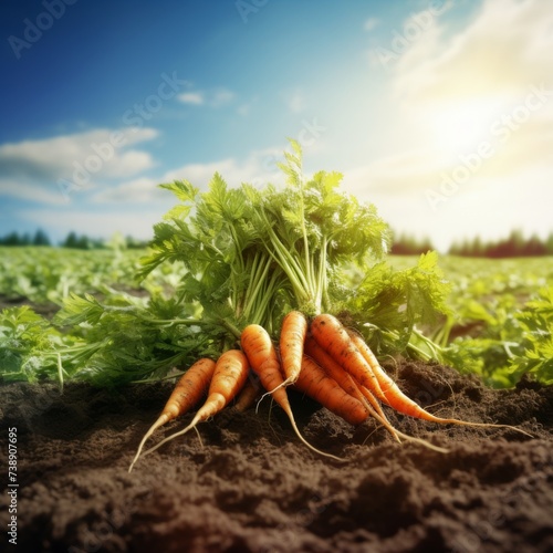 Fresh carrots in the field. Growing plants. Generative AI.