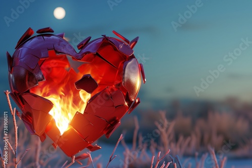 A fragmented red heart, ablaze with roaring flames, set against a blurred background of a serene, moonlit winter landscape.  photo