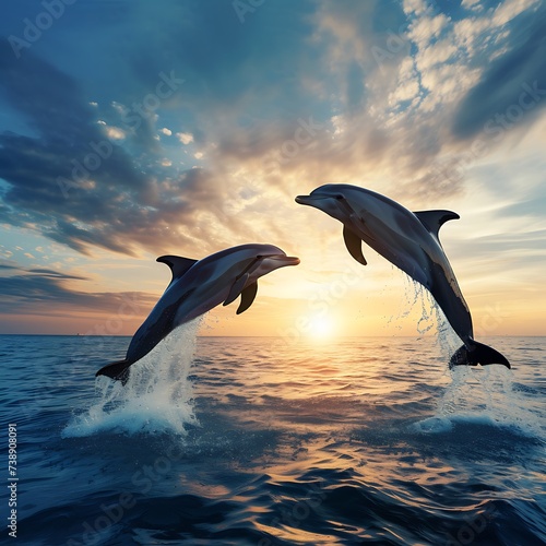 Two Dolphins Jumping Out of the Water at Sunset. Generative AI. © Галя Дорожинська