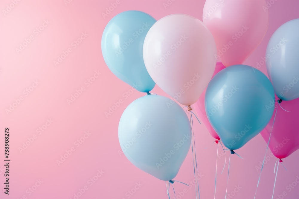 Blue and pink balloons on a pastel pink background.