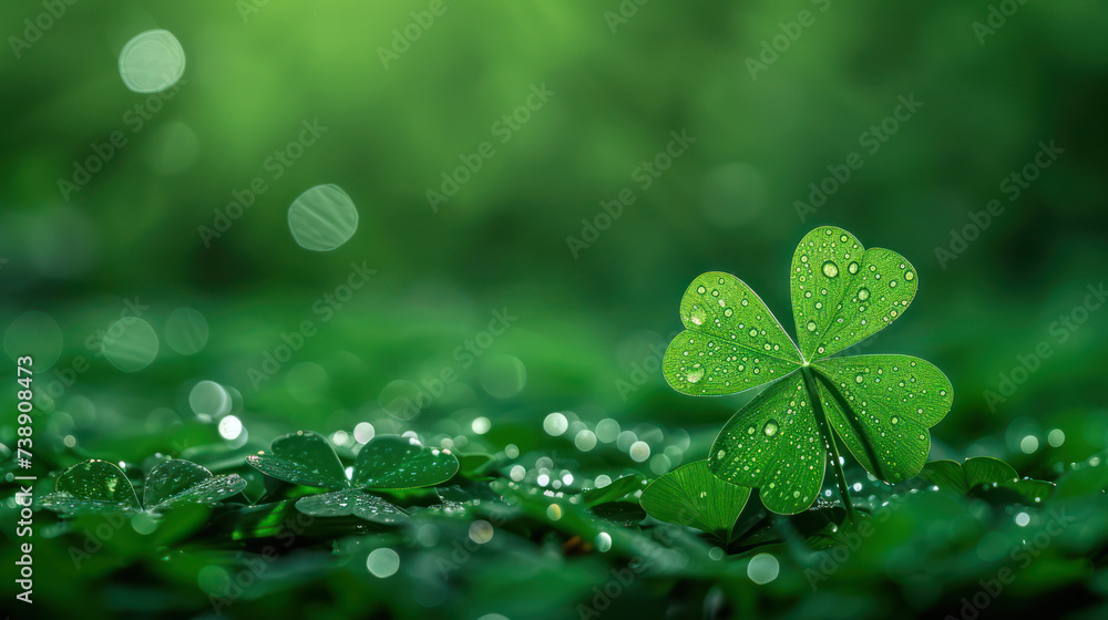 In the right corner, a large, beautiful dewy green clover flower in the counter light and blurred background as a symbol of St. Patrick's Day - obrazy, fototapety, plakaty 