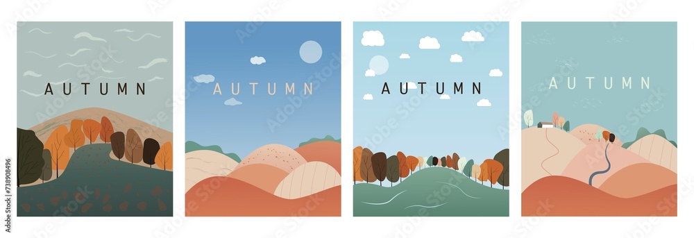 Vector flat illustration. Autumn nature, village and city landscapes. Illustration of natural, urban and rural backgrounds. Perfect for poster, card, banner, brochure or cover...