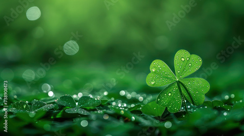 In the right corner, a large, beautiful dewy green clover flower in the counter light and blurred background as a symbol of St. Patrick's Day photo