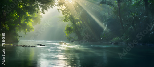 Sunlight filters through a verdant canopy, casting ethereal rays over a tranquil river. © Avalga