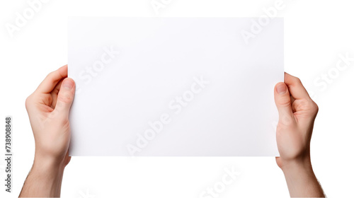 Hands holding blank paper sheet. Isolated on transparent background.