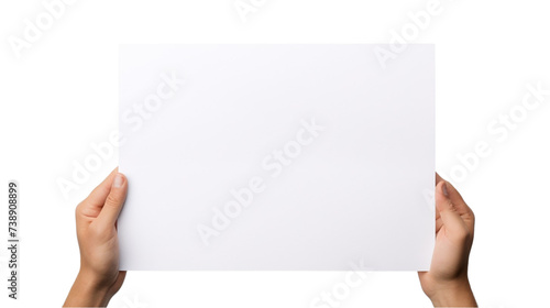 Hands holding blank paper sheet. Isolated on transparent background.