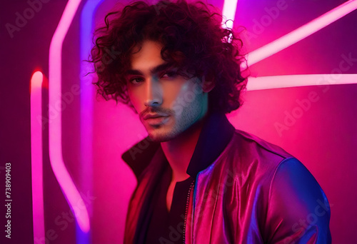 male model with curly hair and neon light around him in minimal style