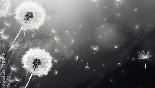 Monochrome dandelions caught in a gentle breeze  their seeds drifting into a soft  hazy light.