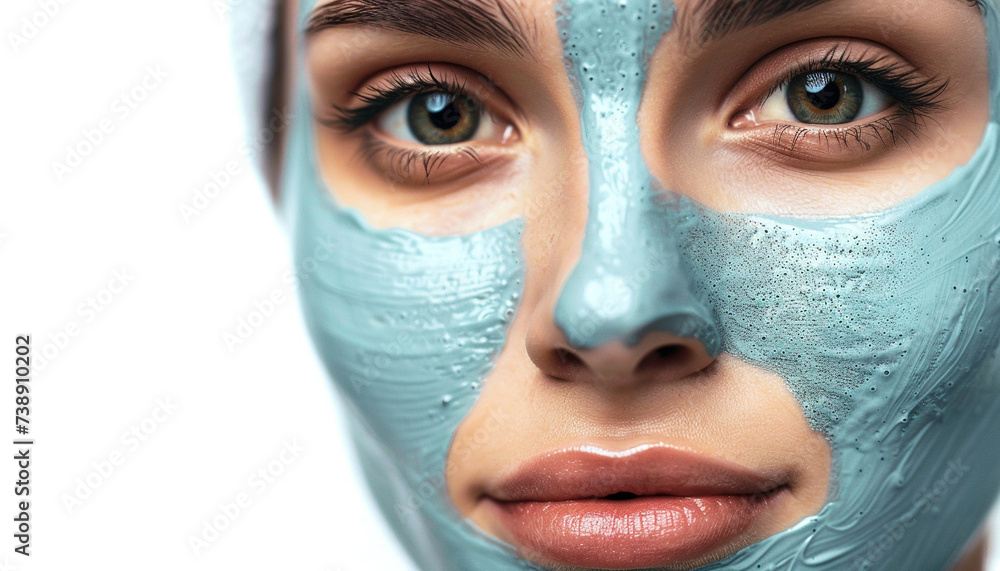 Woman with facial treatment mask on face isolated on white background