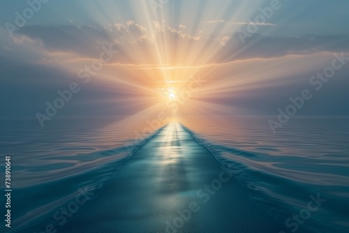 A highway across the sea leading straight to a vibrant sunrise, with the early light reflecting off the calm water and creating a pathway of light. © SardarMuhammad