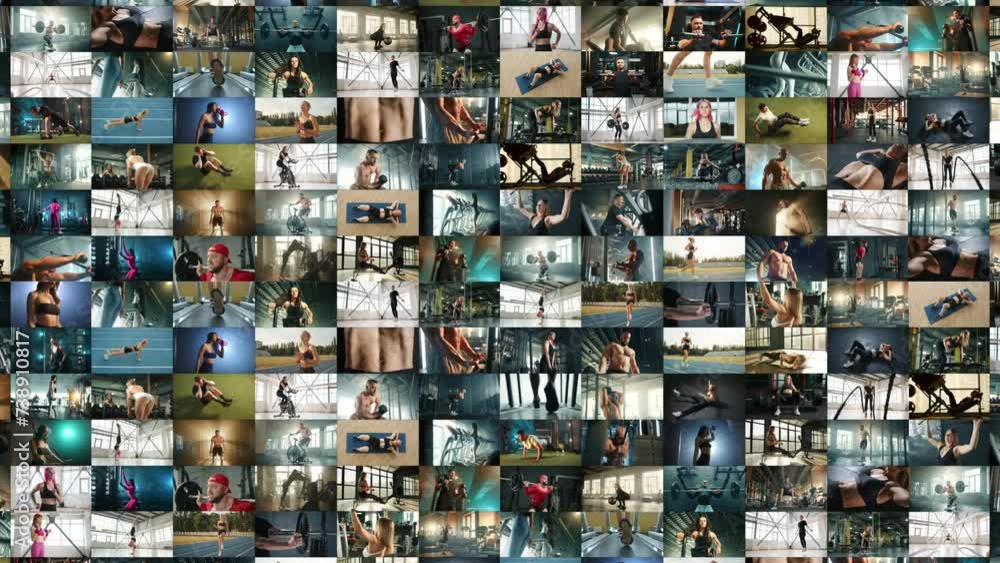 An animation collage zooming out on 400 sports videos. Fitness trainers and athletes perform a wide range of sports exercises. A captivating visual effect of people's sports life.
