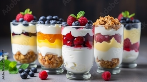 Collection of parfait desserts or snacks in glasses. Neural network AI generated art photo
