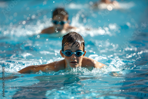 Child with goggles, swimming in a swimming pool