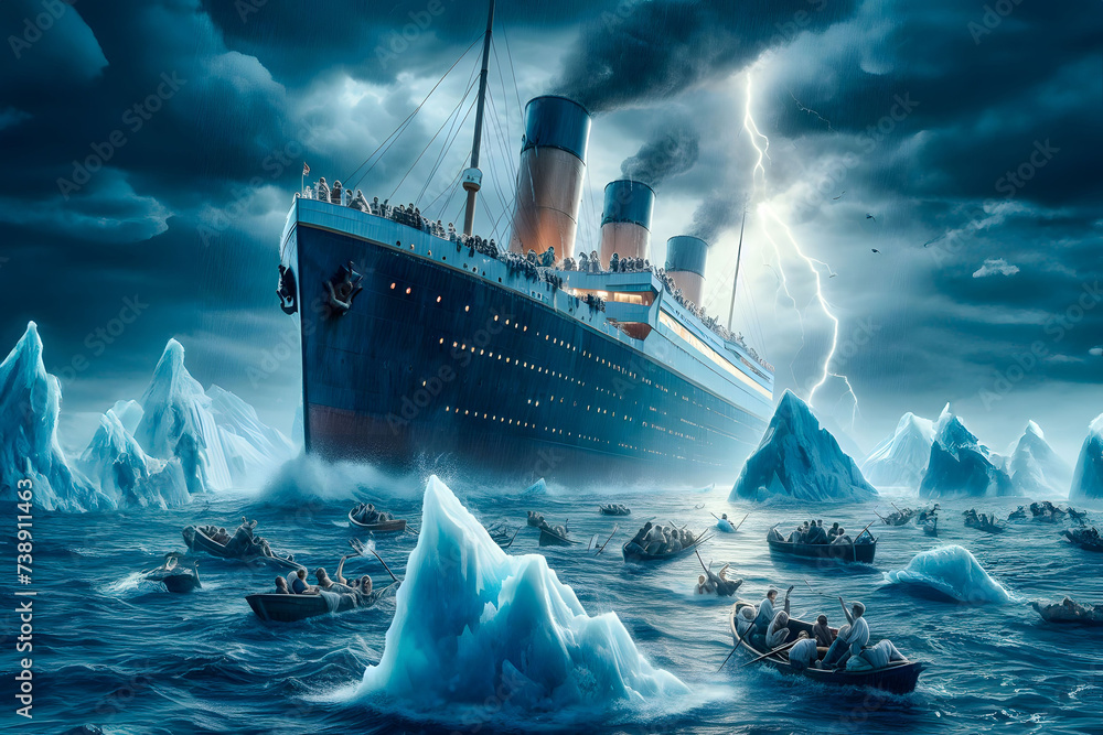 Titanic’s Final Moments. A dramatic depiction of the Titanic amidst its tragic sinking, surrounded by lifeboats and icy waters - obrazy, fototapety, plakaty 