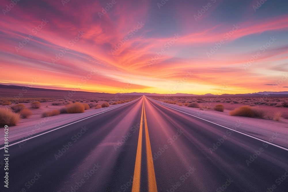 A lone highway heading straight into a captivating sunset, with the desert sky painted in pastel shades of pink and purple. The lighting is gentle and ethereal, creating a dreamlike desert scene.