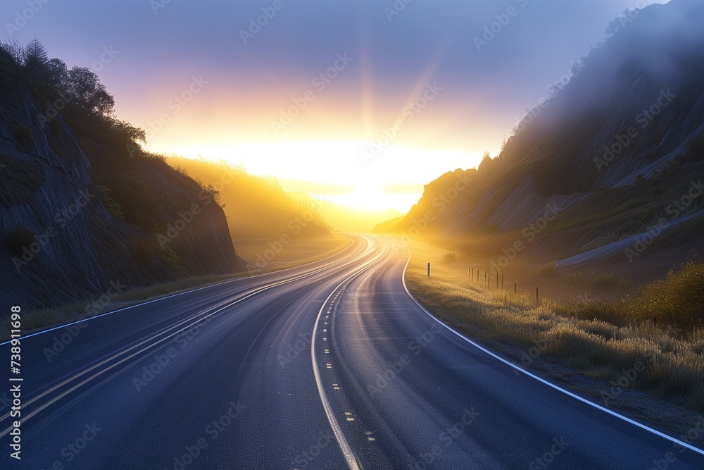 A lone highway traveling towards a serene sunrise breaking through a mountain pass, with a gentle fog blanketing the road. The lighting is soft and ethereal, capturing the peaceful morning mood.