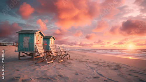 a dreamy and surreal image of a beach sunset Generative AI © QuantumQuotient