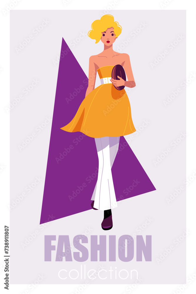 Female model dressed in haute couture clothing on fashion show. Flat vector poster