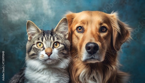 Dog and cat sitting together on blue background and looking at camera. Pets posing. Friendship between dog and cat