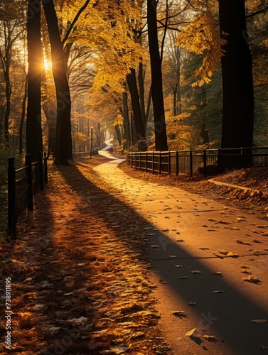 The sun shines through the lush yellow trees in the park  creating a beautiful and natural light pattern on the ground below