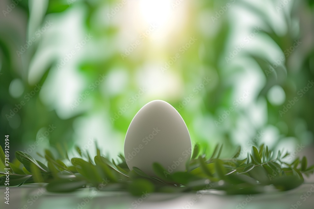 A minimalist Easter egg with a matte white finish, surrounded by a halo of gentle morning light, against a serene, blurred green background. A minimalist Easter egg with a matte white finish, surrounded by a halo of gentle morning light, against a serene, blurred green background.