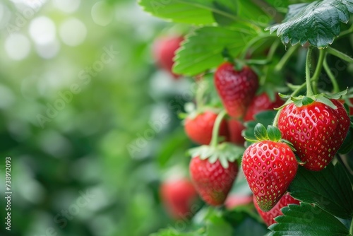 Mature strawberries on a branch surrounded by greenery
