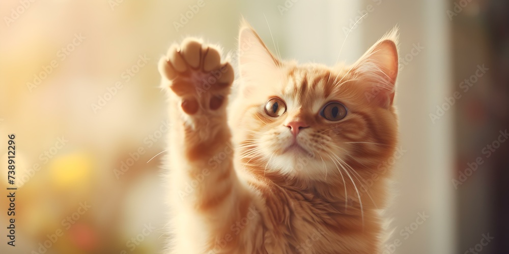 Cat enthusiastically extends paw for a friendly high five isolated on white. Concept Animals, Cats, High five, Pet photography, White background