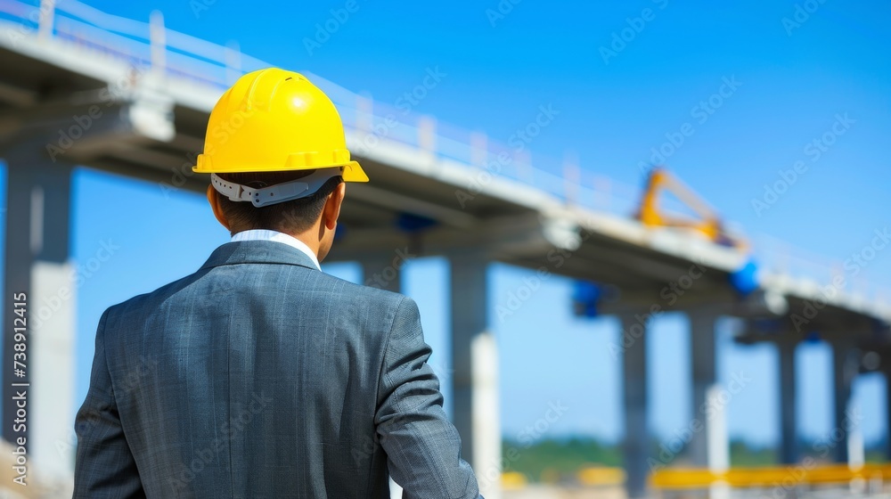 Civil engineer overseeing bridge construction, design, and supervision in hard hat Civil engineer overseeing bridge construction, design, and supervision in hard hat