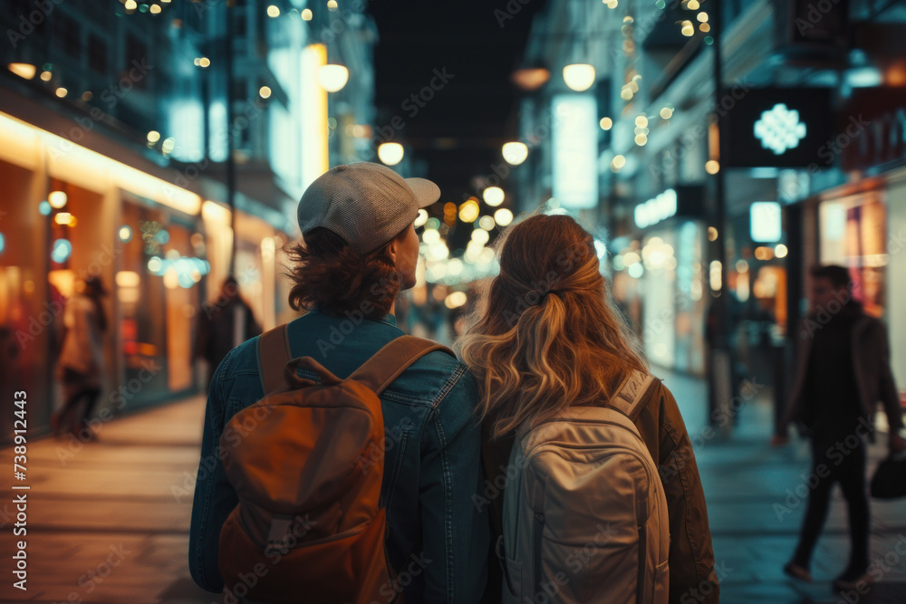 Back View of a Couple Exploring the City Streets at Night with Lights