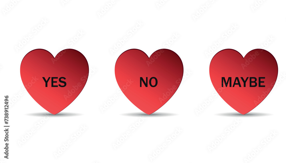 Set of red 3d hearts with answer options. Yes, no, maybe. Vector on background Set of red 3d hearts with answer options. Yes, no, maybe. Vector on background