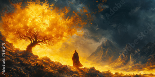 Moses with the burning bush, Sinai, old Testament and jewish Torah, Book of Exodus, religion photo