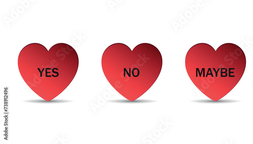 Set of red 3d hearts with answer options. Yes, no, maybe.  Vector on background