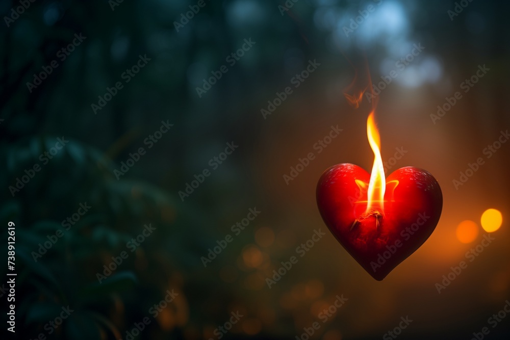 A red heart ablaze, set against a blurred background of a dense, mysterious forest at twilight. The lighting is moody and atmospheric, highlighting the contrast between the fire and the dark woods. - obrazy, fototapety, plakaty 