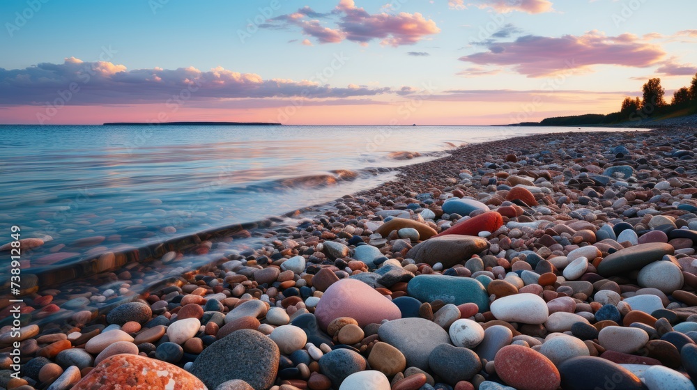 Obraz premium A beach covered in numerous rocks stretching alongside the ocean, creating a rugged and dynamic coastal landscape