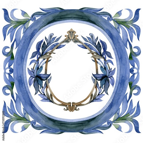 Watercolor vintage antique frame in blue color. Illustration isolated on white background,