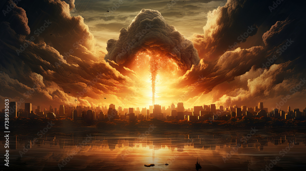 A vast explosion brightening the city skyline, detonation
